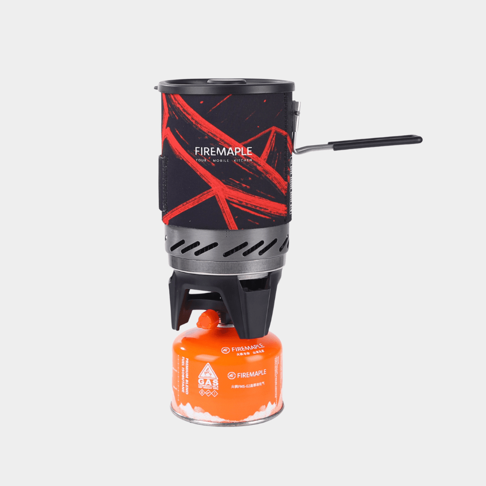 Cooma Outdoor Co camping stove with fuel canister on a white background #color_black-red
