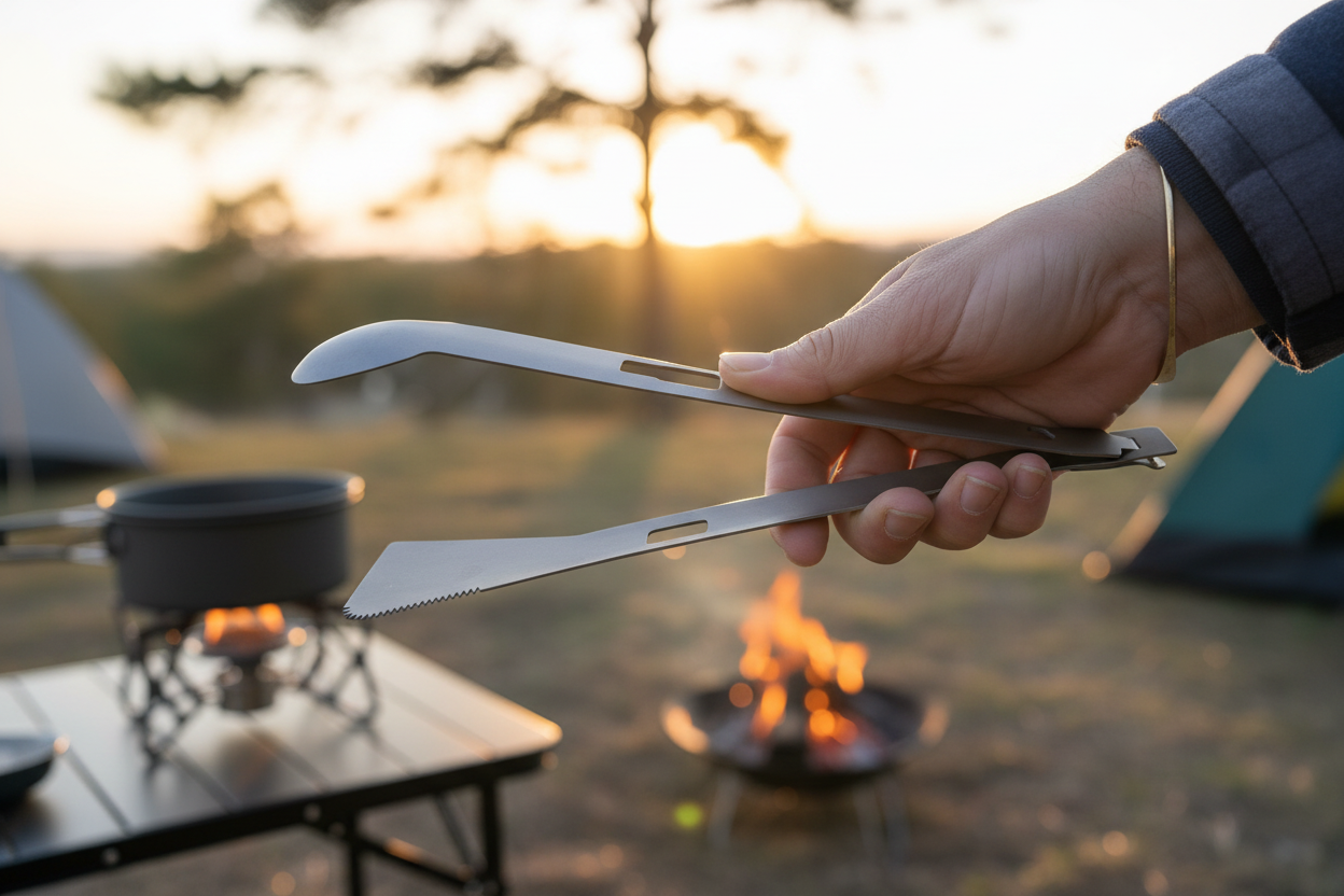 Titanium tongs held in one hand outdoors